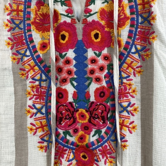 THML sleeveless tunic midi dress boho embroidered neckline tassel ties stripe M - Picture 2 of 12